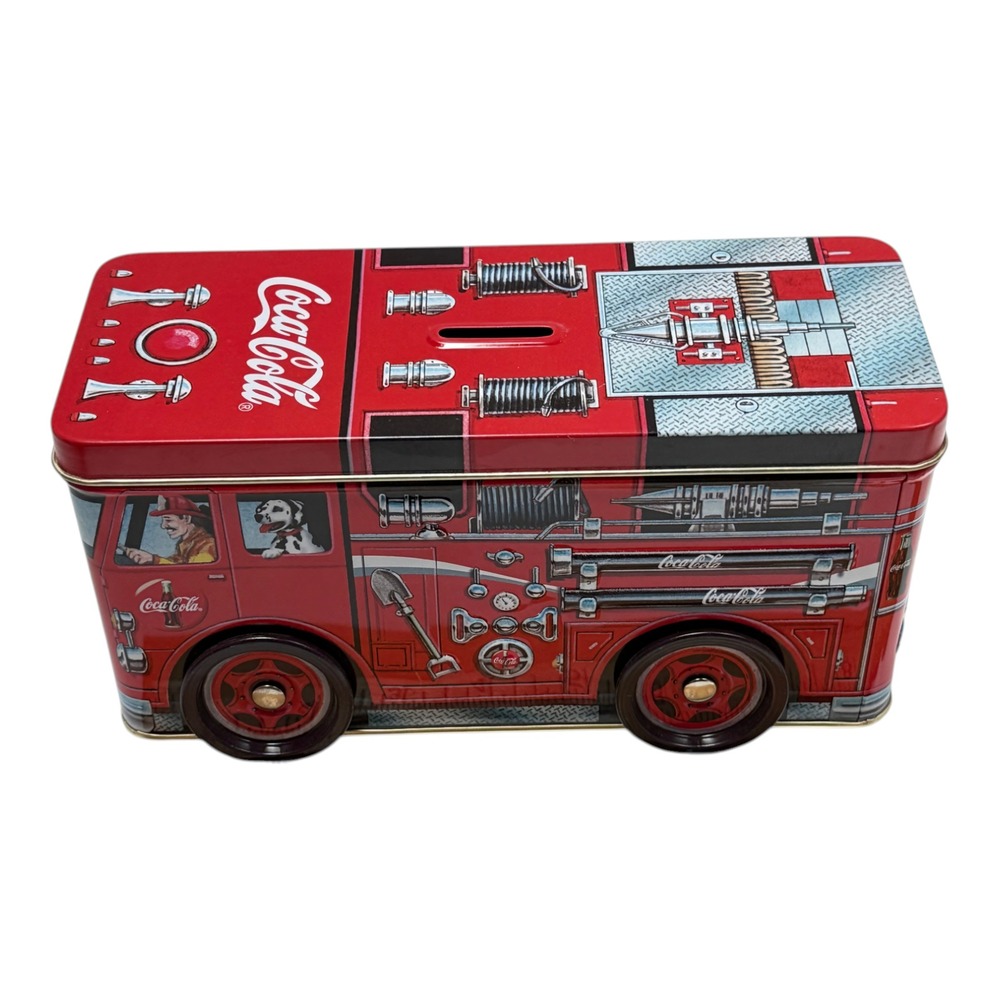 Coca-Cola Fire Truck Tin Bank Red 1998 Rolling Wheels 8 inch